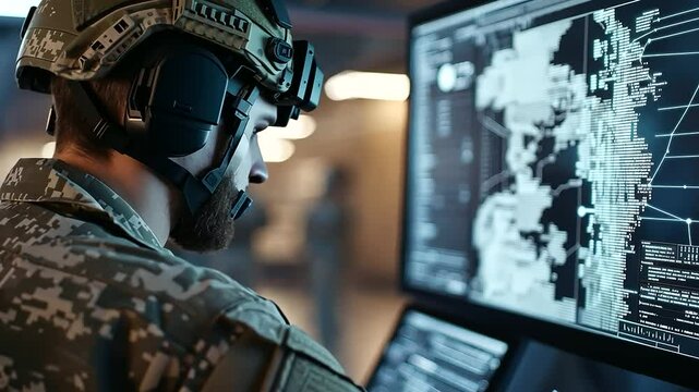 Soldier in Bunker Decoding Cyber Threats with Flickering Screens