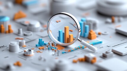 A magnifying glass is on top of a city map with buildings and other objects