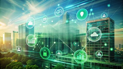 Sustainable living Futuristic cityscape with digital overlays representing connectivity and technology.