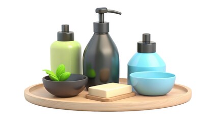 Sustainable living Bathroom essentials arranged on a wooden tray, featuring bottles, a soap bar, and a small plant.