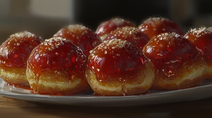 Freshly Glazed Delicious Doughnuts Topped with Sweet Cherry Sauce and Crushed Nuts on a White Plate
