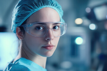 focused female surgeon in protective gear in operating room