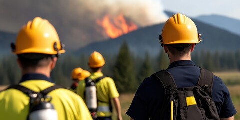 Fototapeta premium Emergency responders actively monitoring a wildfire, ensuring safety and coordination during the crisis.
