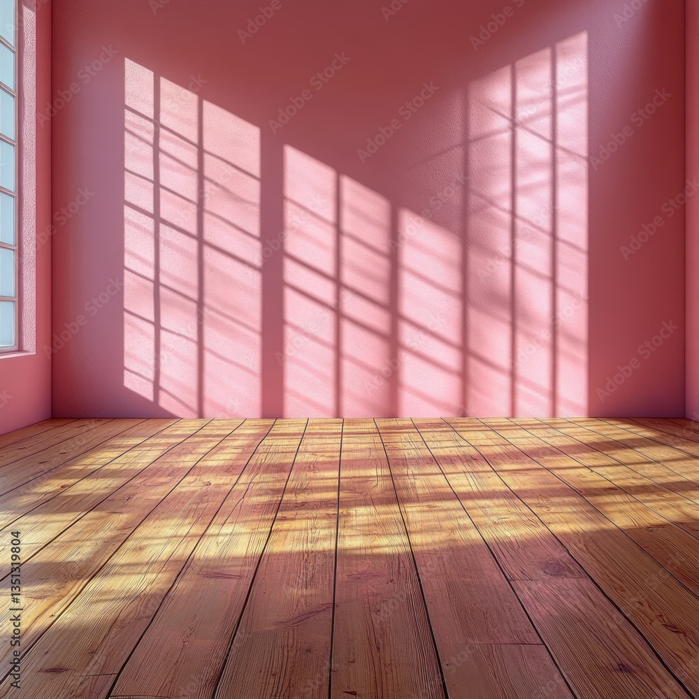 Poster sunlight streams through window casting shadows on a pink room