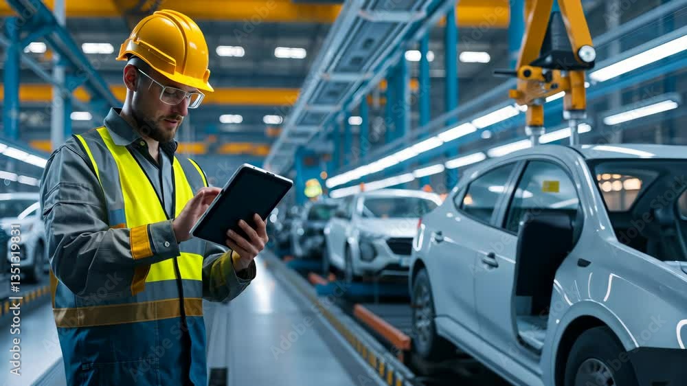 Poster a skilled worker in an advanced automotive factory uses a stateoftheart tablet to monitor and manage
