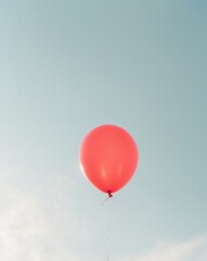 Fototapeta premium Lone Red Balloon Floating in Pale Blue Sky.