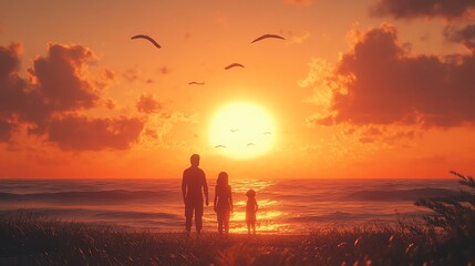 Fototapeta premium A family watching the sunset on the beach, appreciating the beauty of the moment