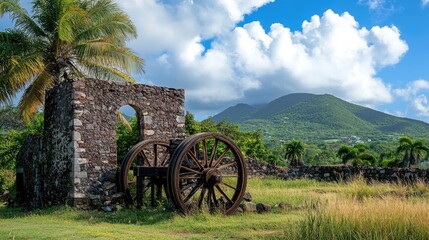 Obraz premium Historic Sugar Mill Ruins on Nevis Island in the Caribbean: Remnants of Industrial Machinery and Train Wheels Reflecting the Island's Heritage