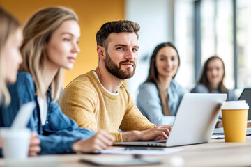 group of young professionals collaborating in modern office