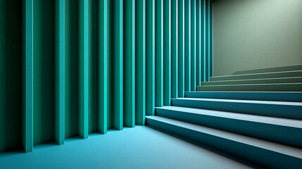 Naklejka premium Elegant staircase adorned with green curtains in soft blue and green tones creating a calm atmosphere of serenity and style.