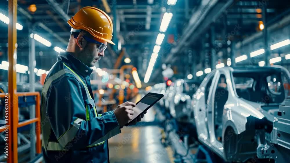 Poster a skilled technician uses a stateoftheart tablet to monitor operations on an automotive assembly lin