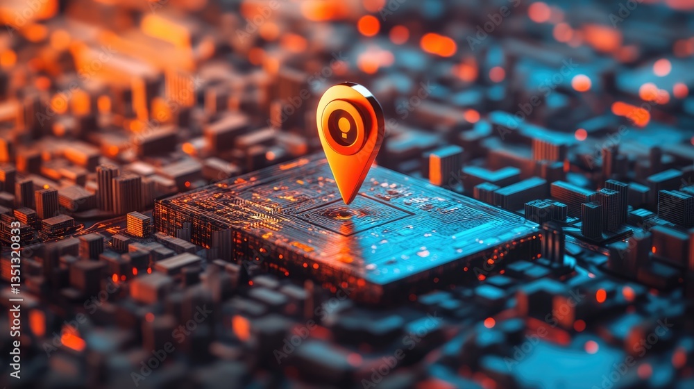 Poster a futuristic cityscape with a glowing location pin on a microchip, symbolizing technology and connec