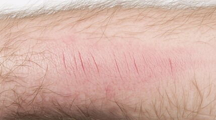 Itchy red scar on the skin with visible pink scratches and scarring. Catscratch disease