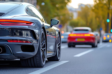 Fototapeta premium Luxury sports cars on city street during sunset