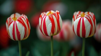 Obraz premium Close up of red and white tulip in bloom, blurred field flowers background, intricate red stripes on petals contrasting with bright yellow center, vibrant display in sunlight, beautiful floral scene. 