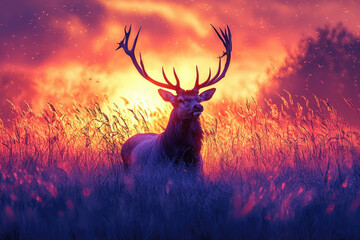 Majestic stag silhouetted against a fiery sunset in a tall grass field.