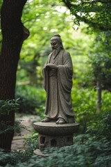 Obraz premium Granite Statue of a Renowned Philosopher: Confucious in a Tranquil Garden Surrounded by Pagodas