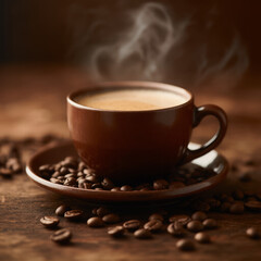 Fototapeta premium a cup of hot coffee with coffee beans