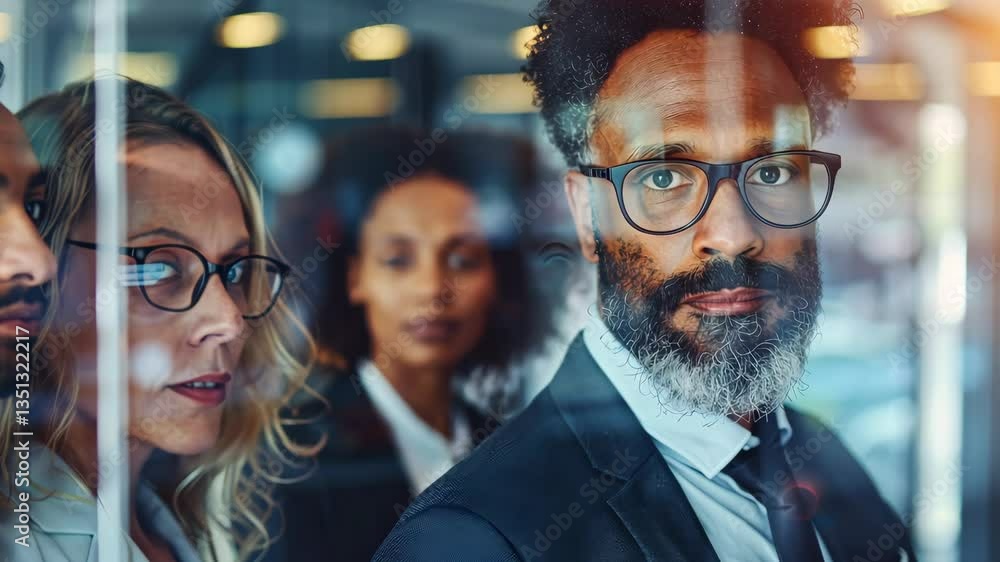 Aufkleber A skilled group engages in serious discussions, analyzing data and developing strategies in a hightech office, embodying teamwork and fostering collaboration and innovation in the digital age