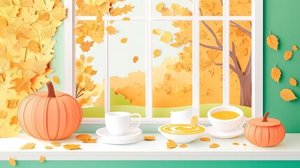 Autumn Window with Cozy Drinks, and Pumpkins.