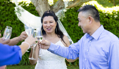 In garden, senior diverse couple toasting with friends, celebrating wedding joyfully