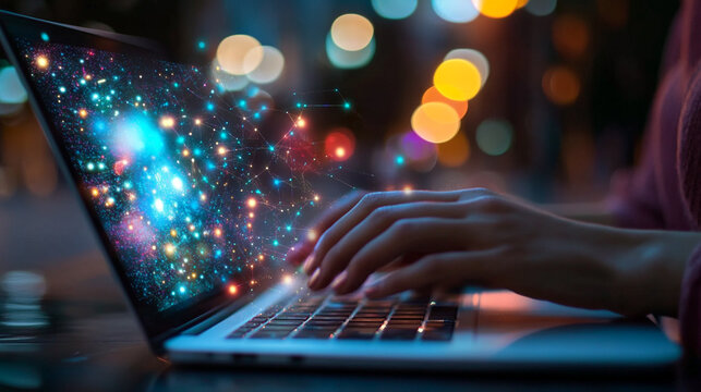A journalist researches topics and uses AI on a laptop to summarize key information quickly.