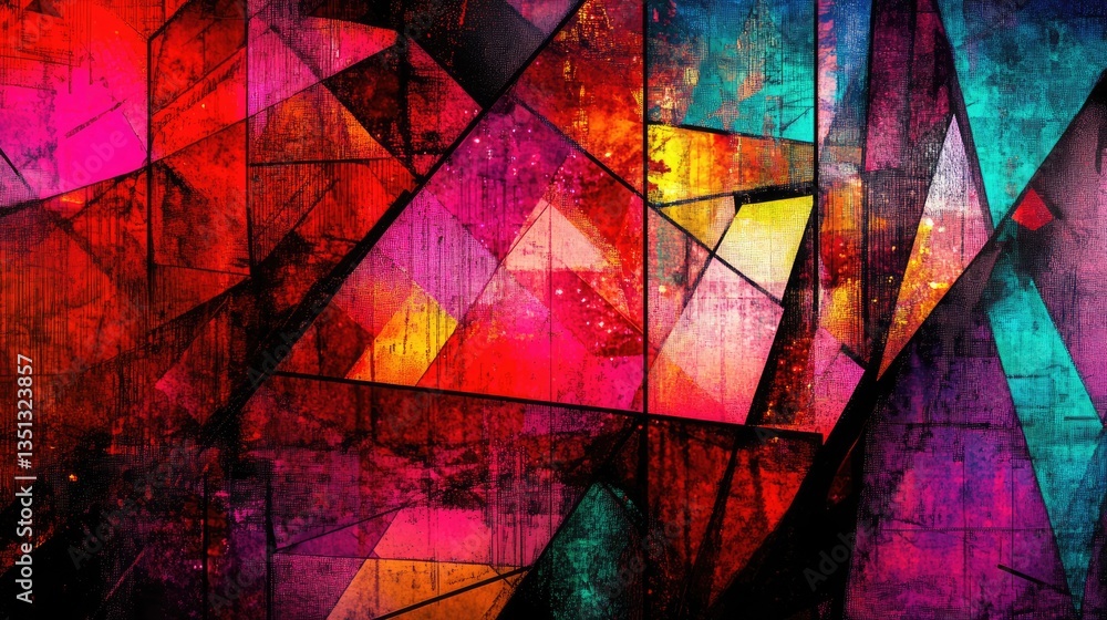 Poster abstract geometric artwork featuring vibrant colors and sharp angles, creating a dynamic visual expe