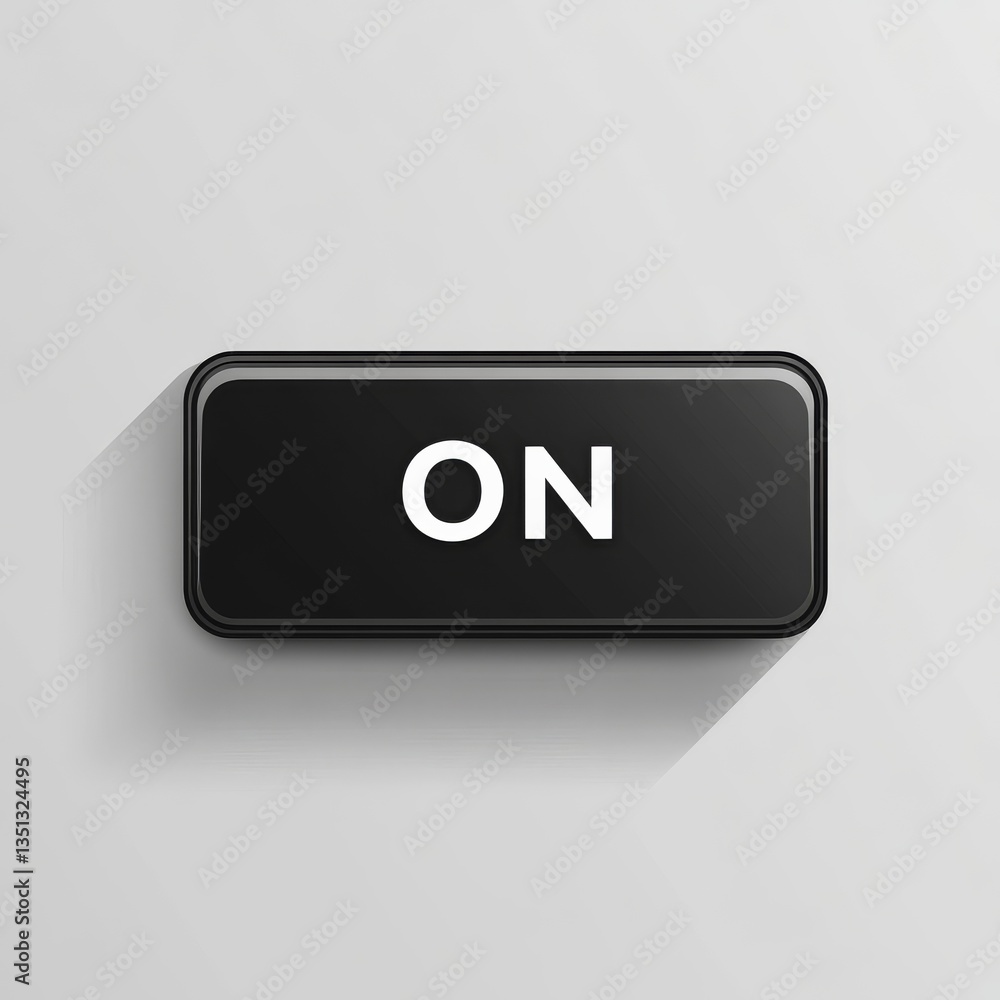 Poster black 'on' switch button on white background: digital interface activation concept