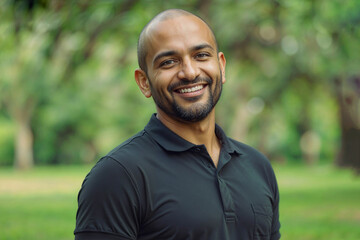 Arabian man with a shaved head and a beard is smiling and wearing a black shirt. He is standing in a park with trees in the background