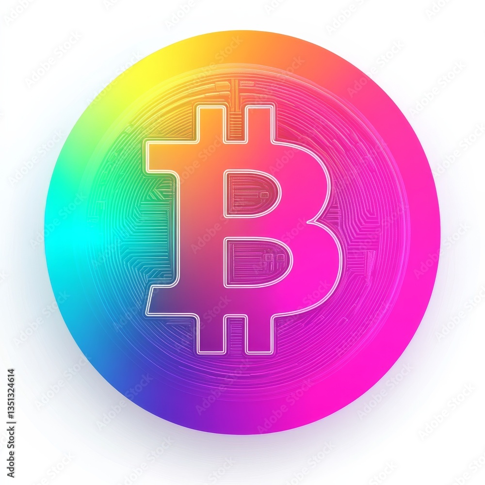Poster Colorful Bitcoin Symbol: Crypto Currency Illustration with Digital Circuit Pattern and Gradient Background