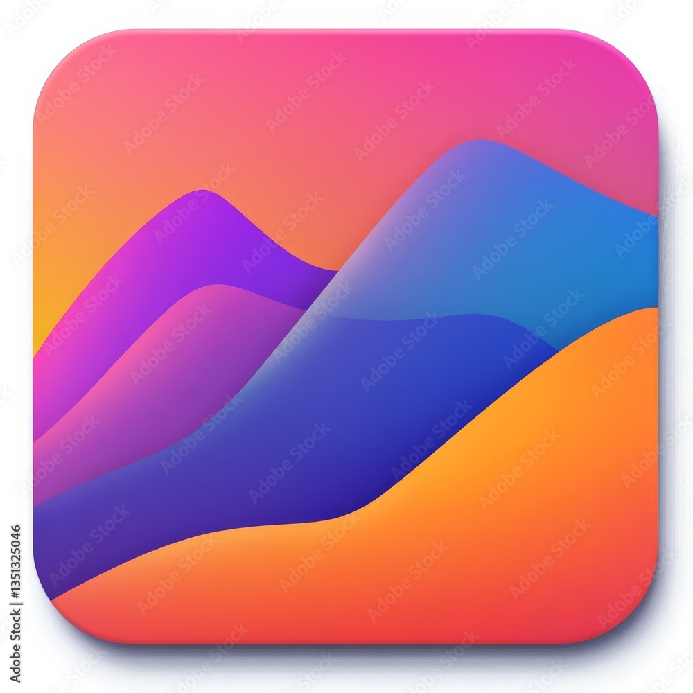 Poster gradient landscape illustration with rounded square frame and soft shadow, colorful layers resemblin