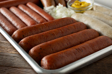 A view of a variety of hot dogs, featuring turkey sausage.