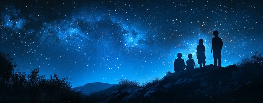 Children admire beautiful starry night sky. Family silhouette.