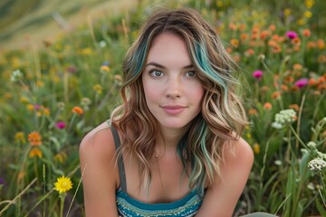 Fototapeta premium Vibrant Woman with Colorful Hair Posing in a Field of Wildflowers: A Stunning Contrast in Nature