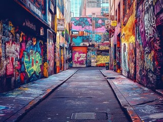 Urban streets filled with graffiti-covered buildings and paint signs. The colorful street art creates an urban, edgy feel, with vibrant designs and messages scattered across the walls 