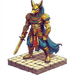 Obraz premium Standing Anthropomorphic Jackal Warrior Illustration with Sword on Stone Platform