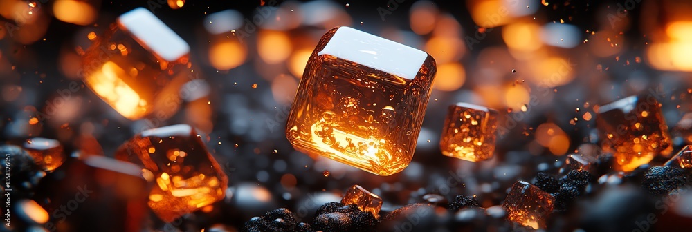 Poster floating amber cubes in zero gravity with glowing particles around