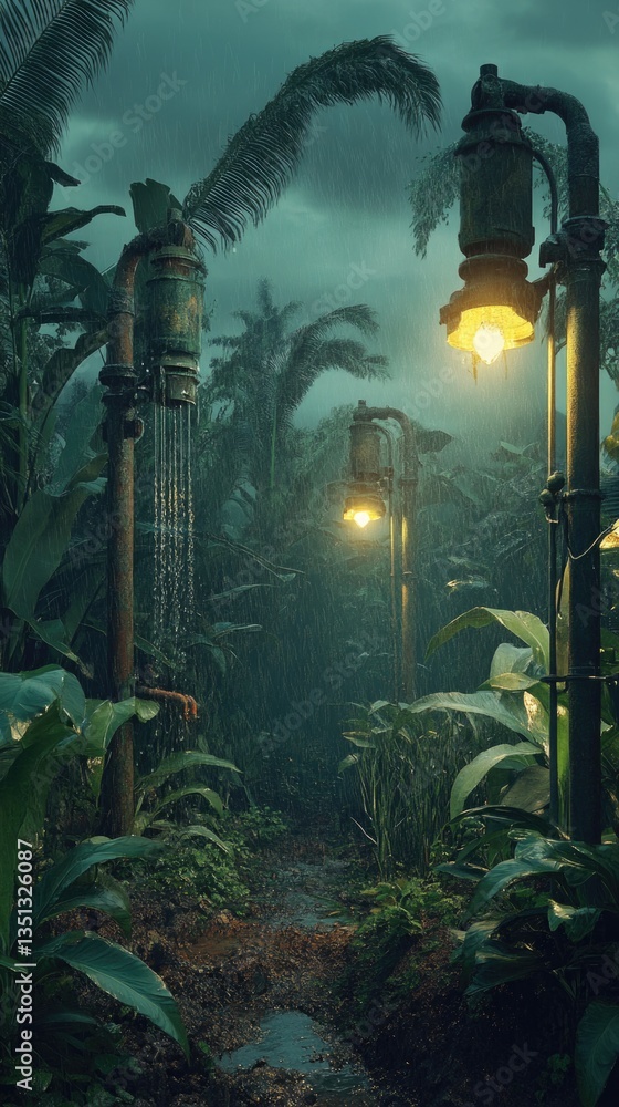 Poster A path through dense jungle vegetation with a lamp post providing light, ideal for use as a background or to illustrate stories about adventure and exploration