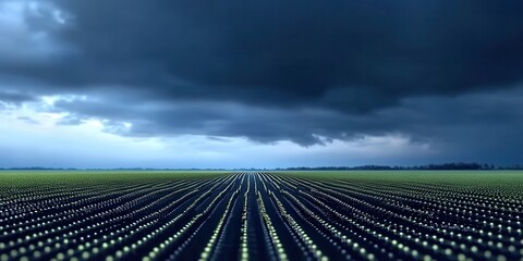 Expansive solar panel field under a dramatic overcast sky, showcasing renewable energy in a modern landscape.