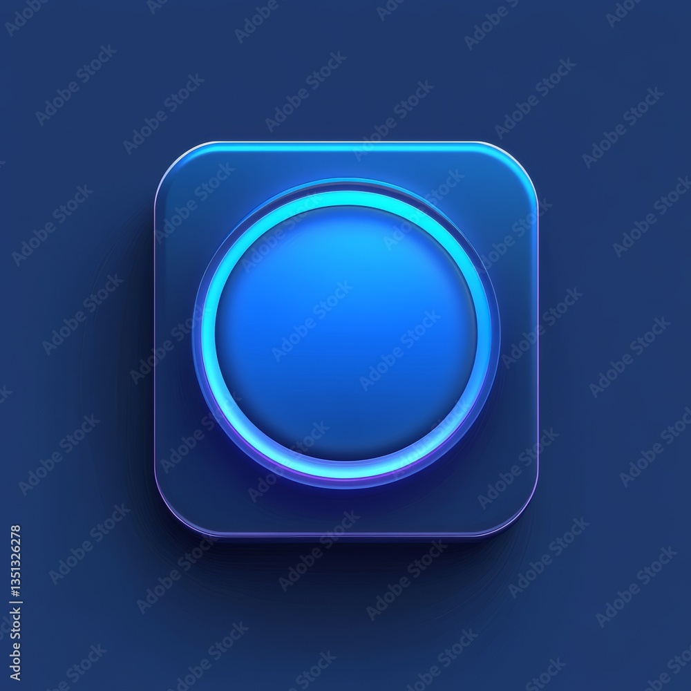 Fototapete sleek blue app icon with glassy finish: round button in a square frame, elegant ui design