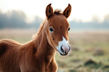 A small brown horse stands alone in a green field