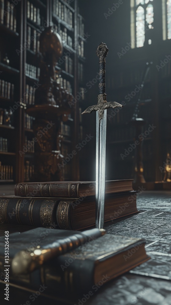 Poster A sword resting on top of a stack of books, perfect for depicting a scene of learning and protection