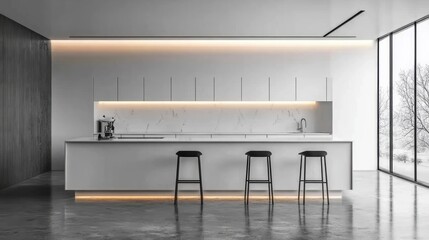 Sleek modern kitchen features island seating and snowy landscape views