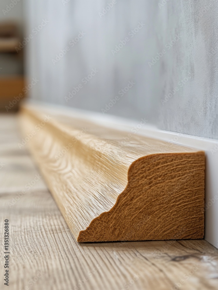 Poster A close-up view of a wooden floor with a wall in the background, ideal for use in interior design or architecture projects