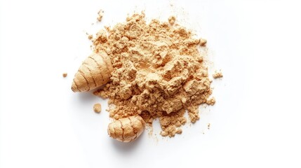 A close-up view of natural powder on a white background, showcasing the texture and two root-like objects beside it