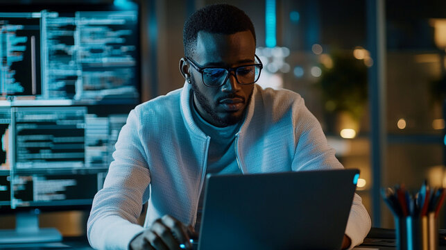 A researcher works on a laptop, analyzing big data using AI algorithms.