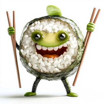 A Cartoon Sushi Character with Avocado Filling and a Smiling Face, Holding Chopsticks, Isolated on a White Background.