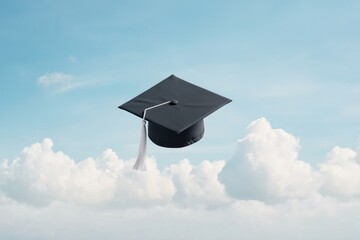 graduate cap thrown joyfully into clear blue sky against backdrop of clouds symbolizing achievement and new beginnings