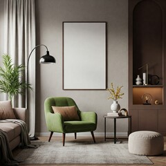 Stylish Minimalist Living Room with Green Armchair and Elegant Wall Art