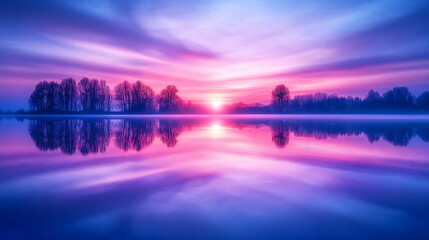 Fototapeta premium Calm lake surrounded by lush trees in the background reflecting a beautiful dawn sky with soft color gradients creating a tranquil scene.
